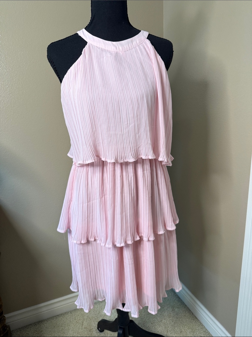Layered Pleated Midi Dress in Light Pink